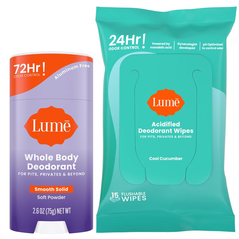 Lume Whole Body Deodorant  Smooth Solid Stick  Flushable Deodorant Wipes  Doctor Developed  Aluminum Free Baking Soda Free Skin Loving  26 Ounce Soft Powder 15 Count Wipes Cool Cucumber